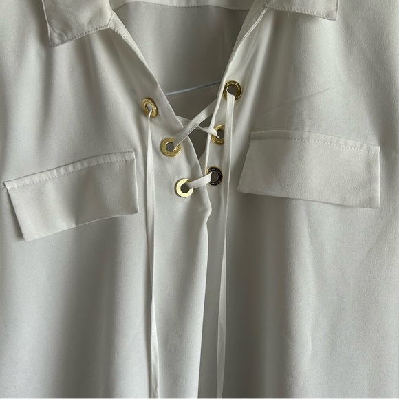 Calvin Klein White Dress Top with gold accent loops that ties at the neckline - Picture 4 of 14